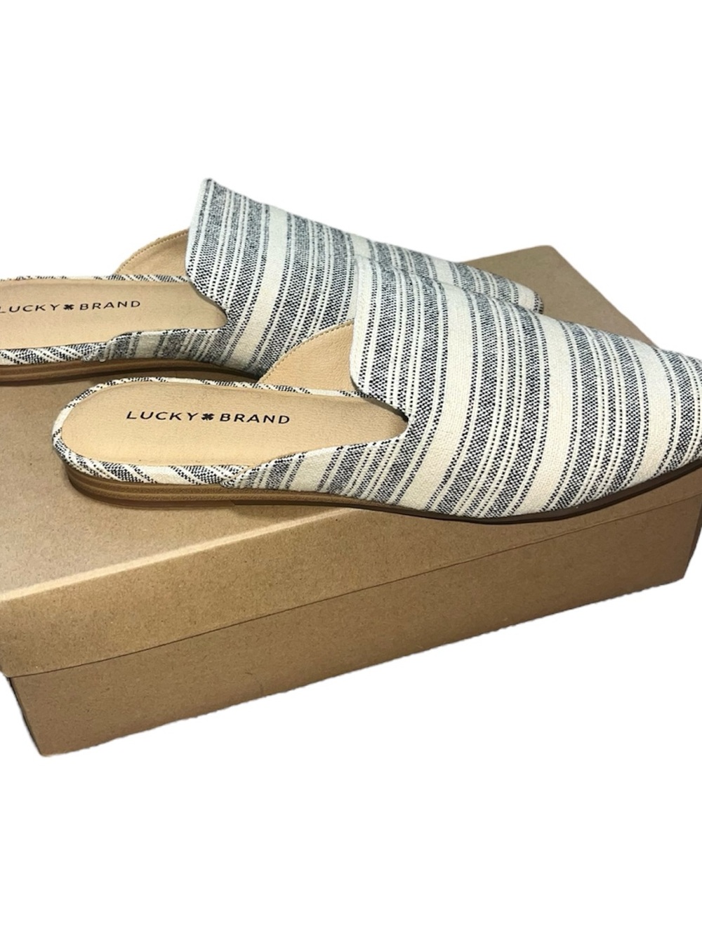 Lucky Brand Brynnuh Slip-On Mules – Black/Natural Pointed Toe – Size 10M – NWT